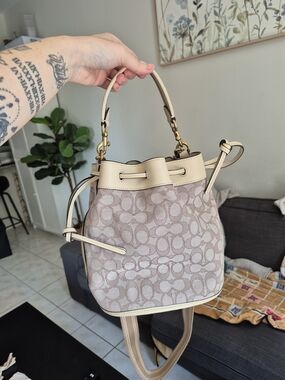 Coach Beige Cream Signature Canvas Drawstring Bucket Bag